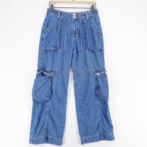 Pilcro Cargo Jeans Womens 2 Blue Wide Leg Utility Pockets Drawstring